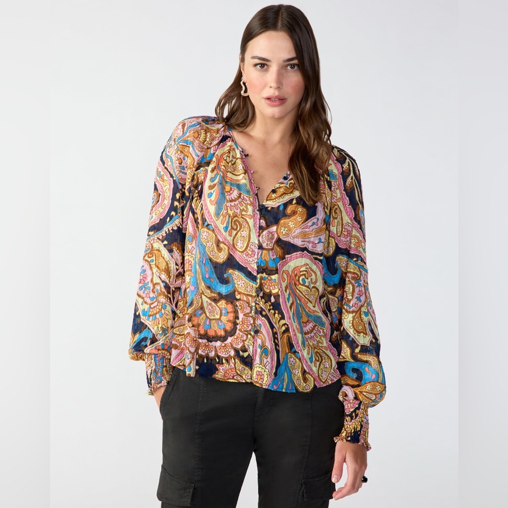 Sanctuary Paisley Button-Front Blouse in Blue, Gold & Pink